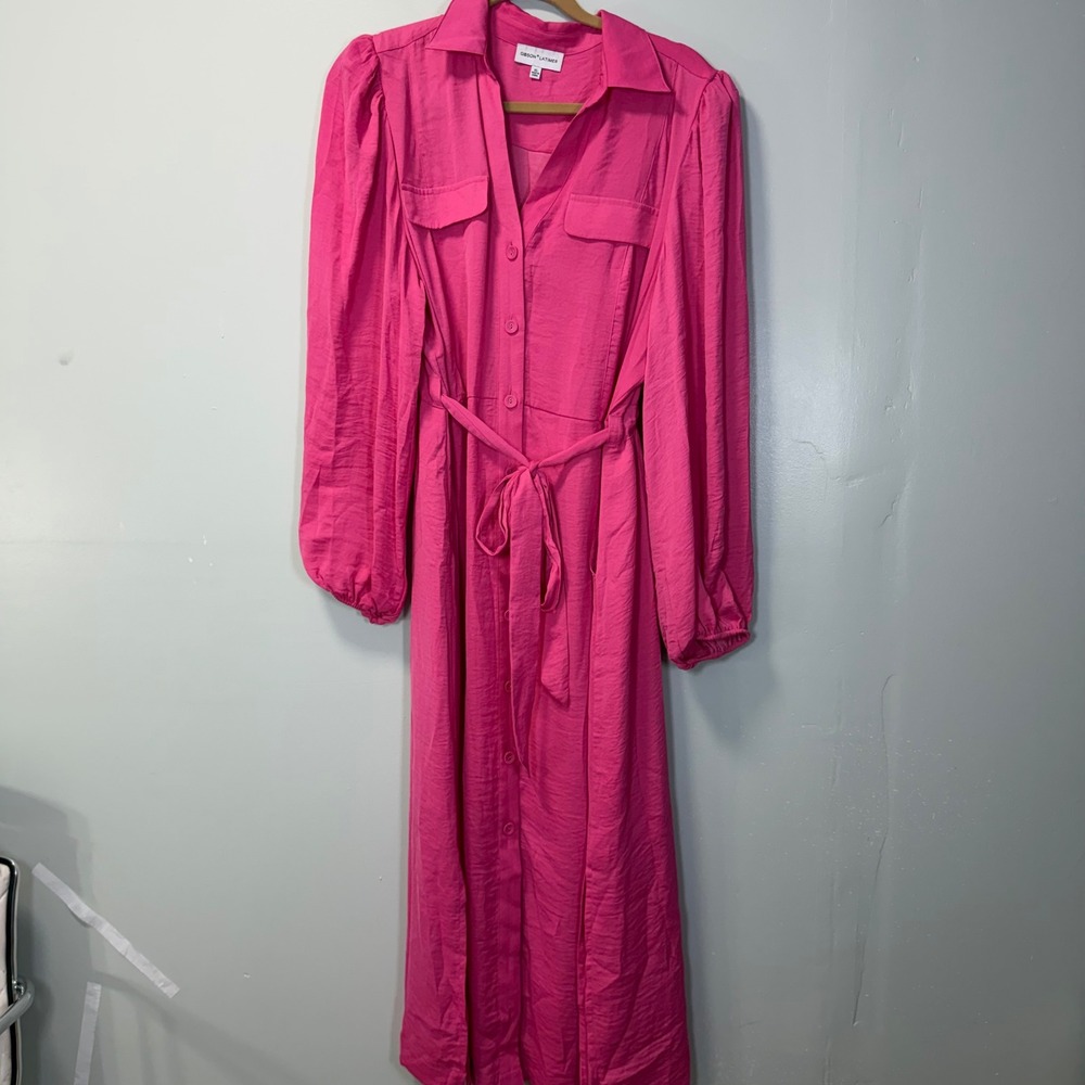 Gibson Latimer Womens XL Pink Long Sleeve Button Down Belted Midi Shirt Dress
